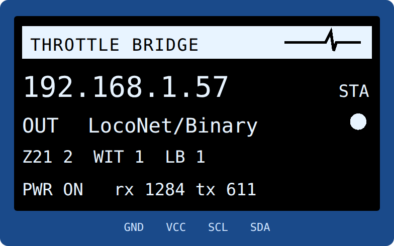The 0.96 inch OLED showing the heartbeat, IP address, output, client counts and track power