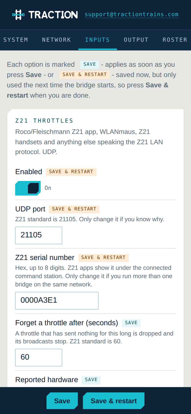The Inputs tab of the setup page on a phone